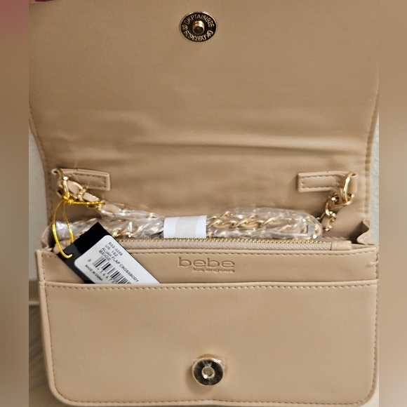 Bebe ALIAH Crossbody Bag Faux Leather Logo Leather Beige NWT - Picture 4 of 7